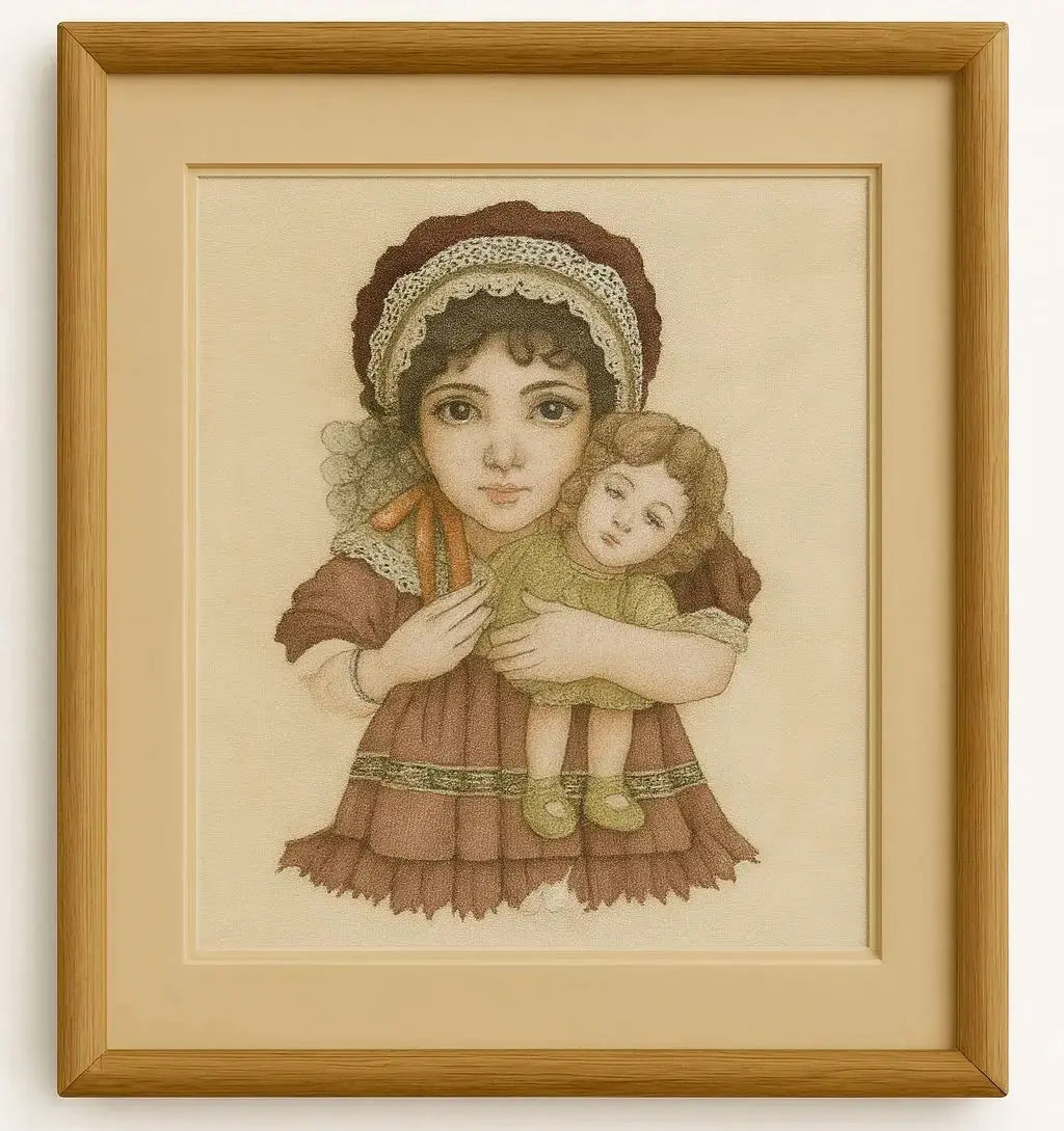Portrait of a Child with Doll Framed portrait of a young girl holding a doll and a small hobby Approx. 14" x18"